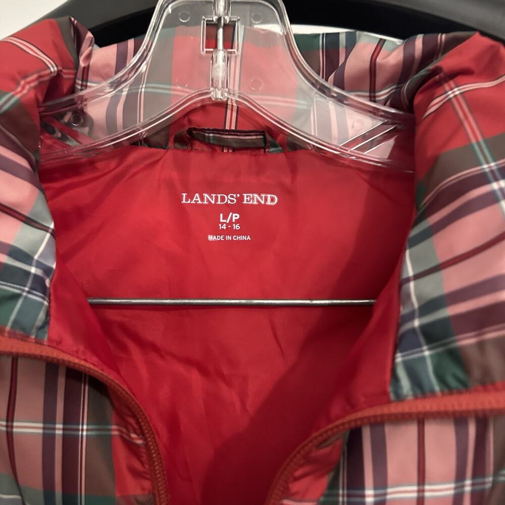 Lands End Womens P Large Puffer Vest Down Filled Full Zip Red Plaid Snap Pockets - Picture 2 of 3